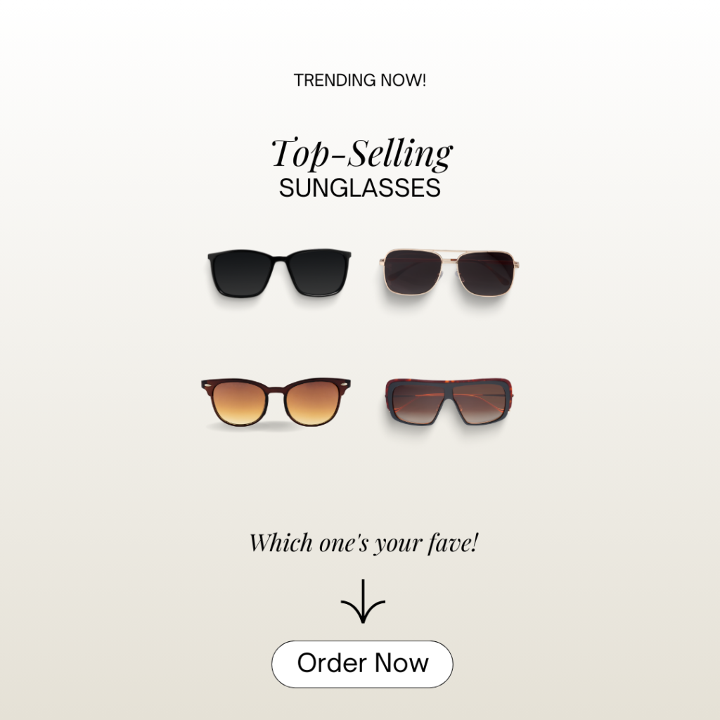 A collection of top-selling sunglasses featuring four different styles, including black, gradient, and tortoiseshell frames.