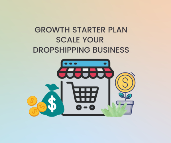 Colorful graphic showing a dropshipping store icon, money bag, coins, and a plant symbolizing growth in e-commerce business.