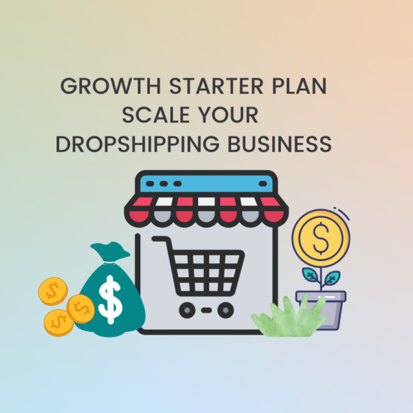 Colorful graphic showing a dropshipping store icon, money bag, coins, and a plant symbolizing growth in e-commerce business.