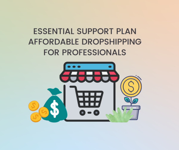 Colorful illustration of an e-commerce dropshipping store with icons representing money, shopping cart, and support plan.