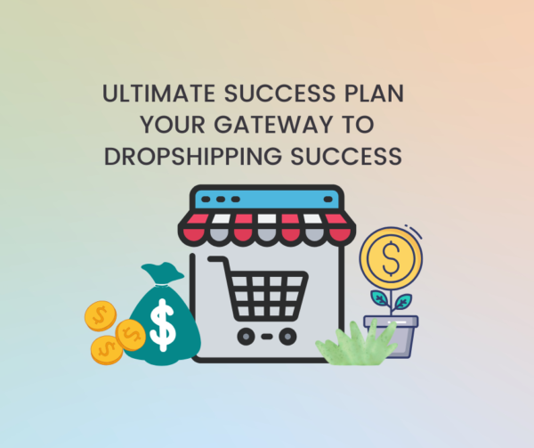 Colorful e-commerce dropshipping store graphic with shopping cart, money bag, coins, and plant icons for online business.