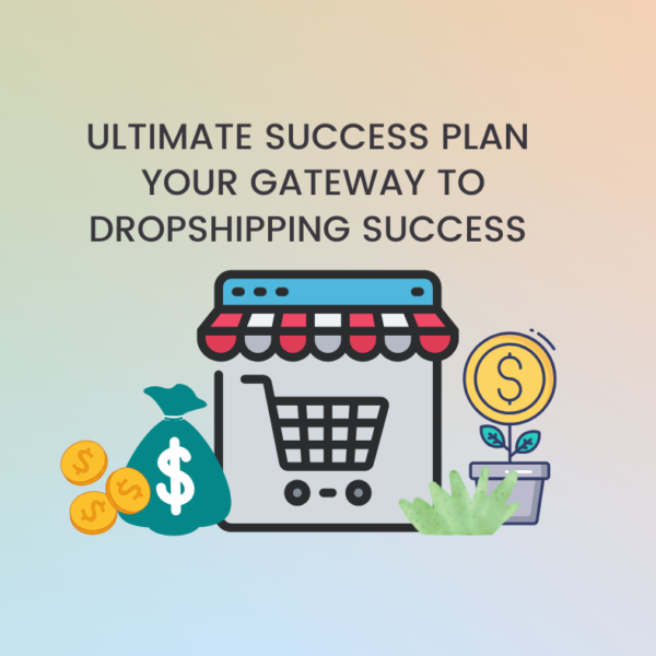 Colorful e-commerce dropshipping store graphic with shopping cart, money bag, coins, and plant icons for online business.