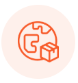 An orange circular icon featuring a box and two hands, symbolizing packaging or delivery.