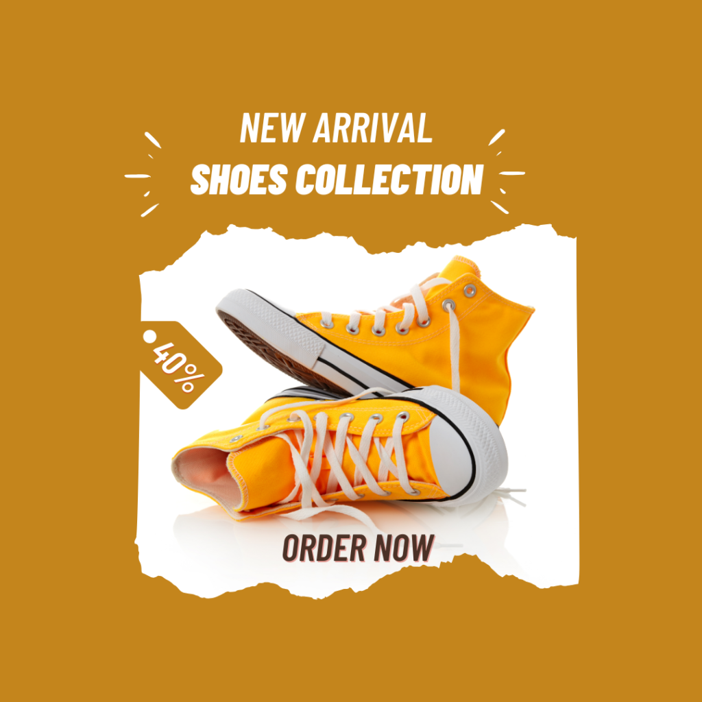 Colorful yellow sneakers showcasing the latest shoes collection with a 40% discount announcement.